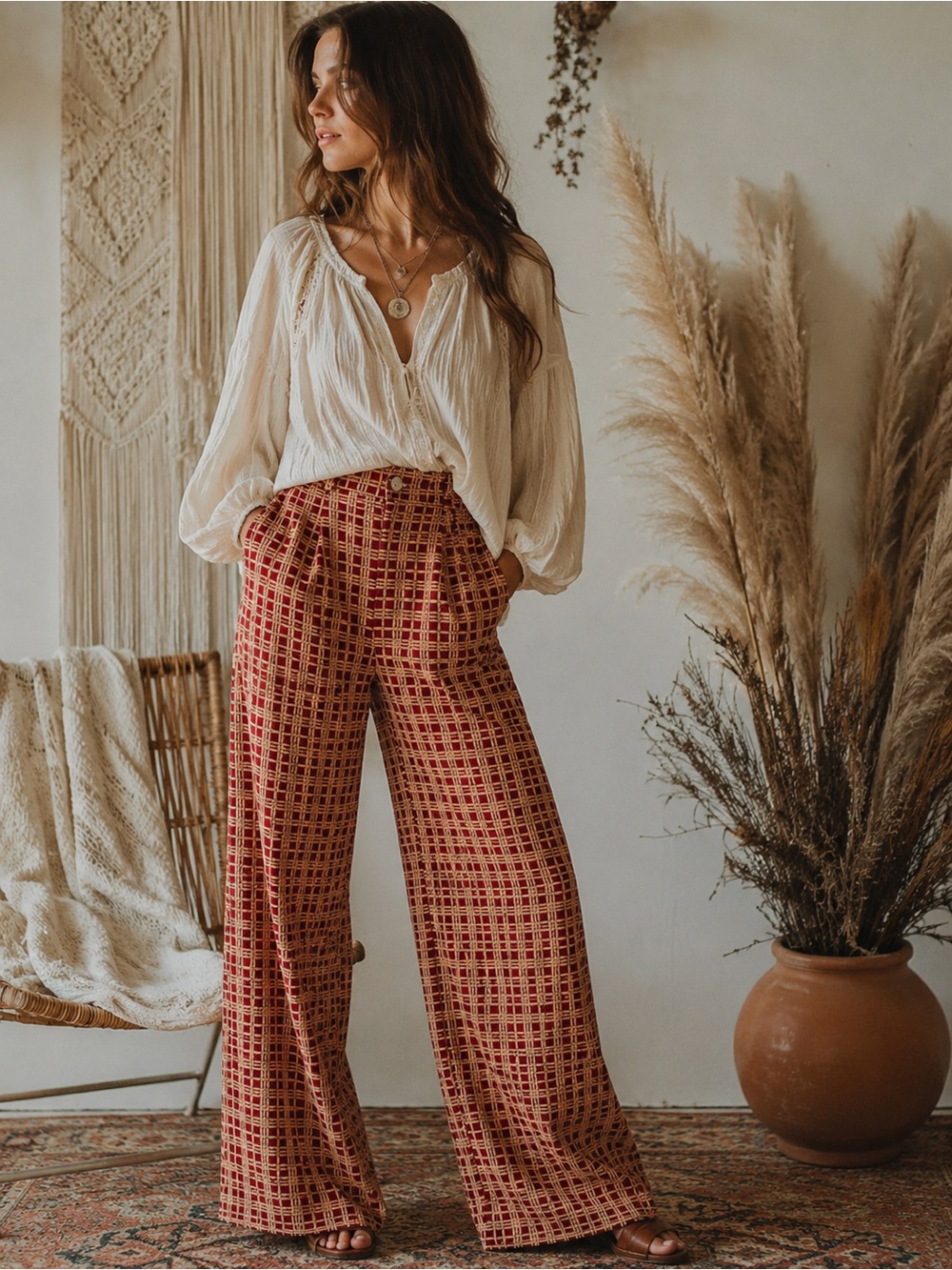 Vintage Montgomery Ward Wide-Leg Plaid Trousers in Red and Cream